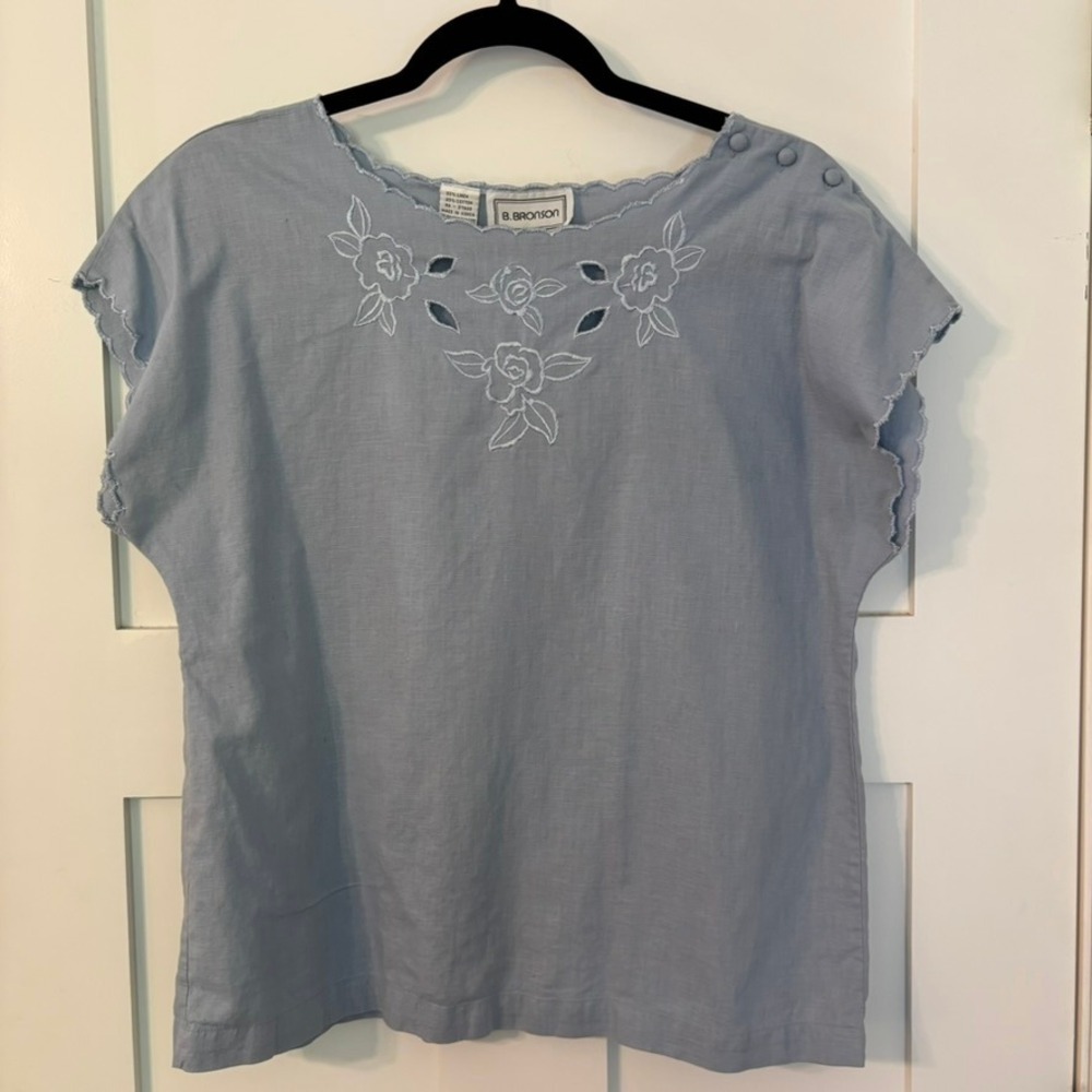 Vintage 90s B.Bronson Blue Linen Eyelet Blouse 14 Cottagecore Scalloped Boho